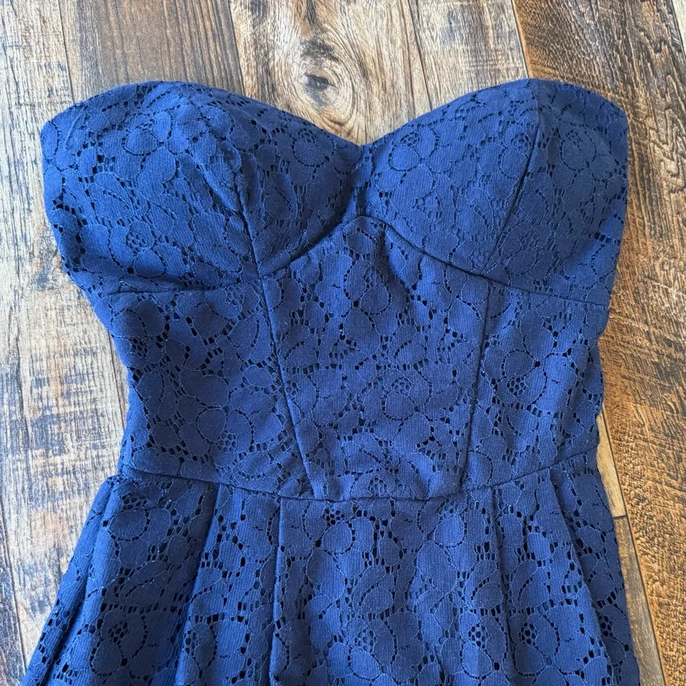 Y2K B Darlin Navy Lace Strapless Dress Size 1/2‎ Fit & Flare Sweetheart Corset